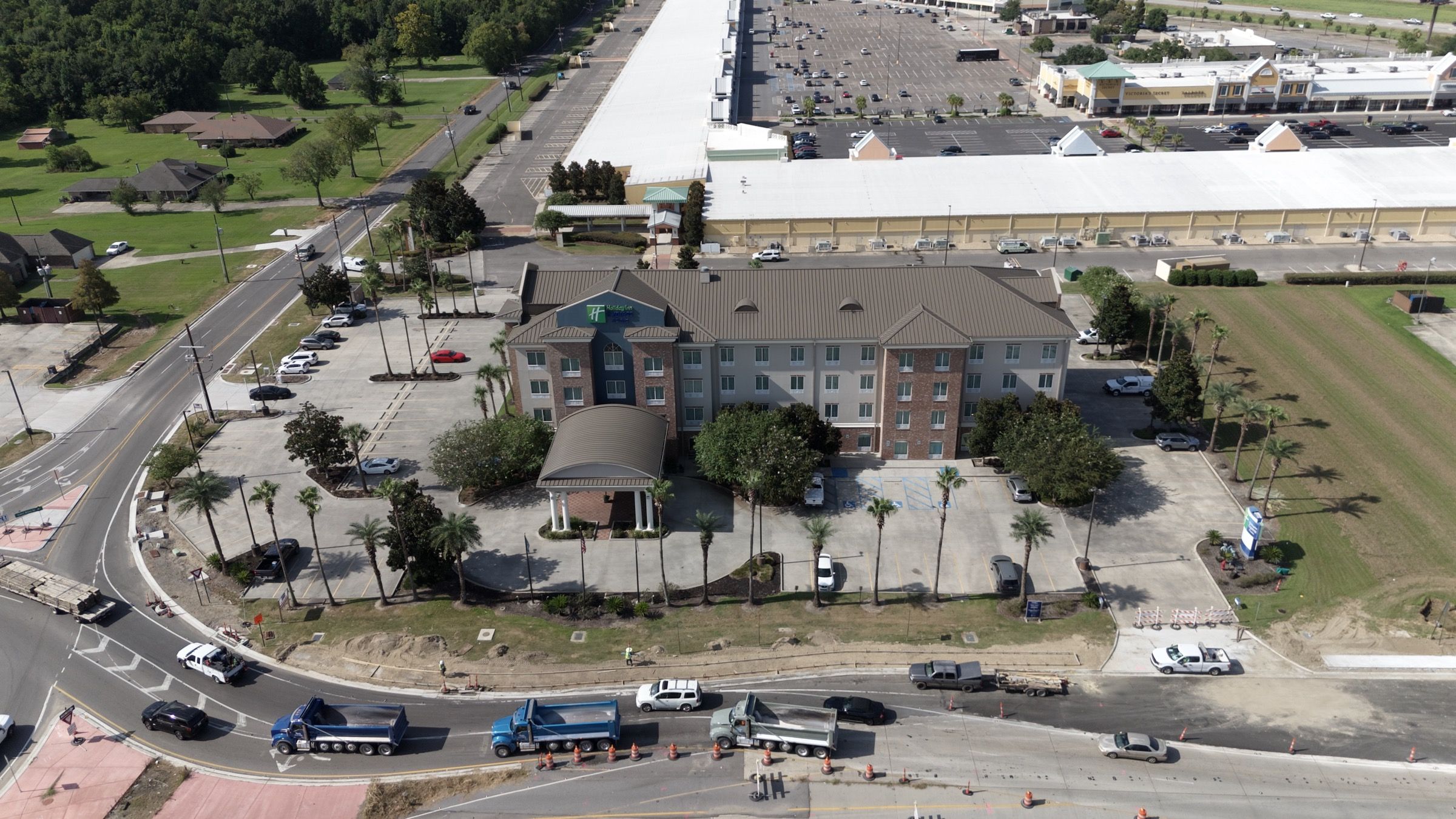 Holiday Inn Express, aerial view across the site toward the lawn and beds