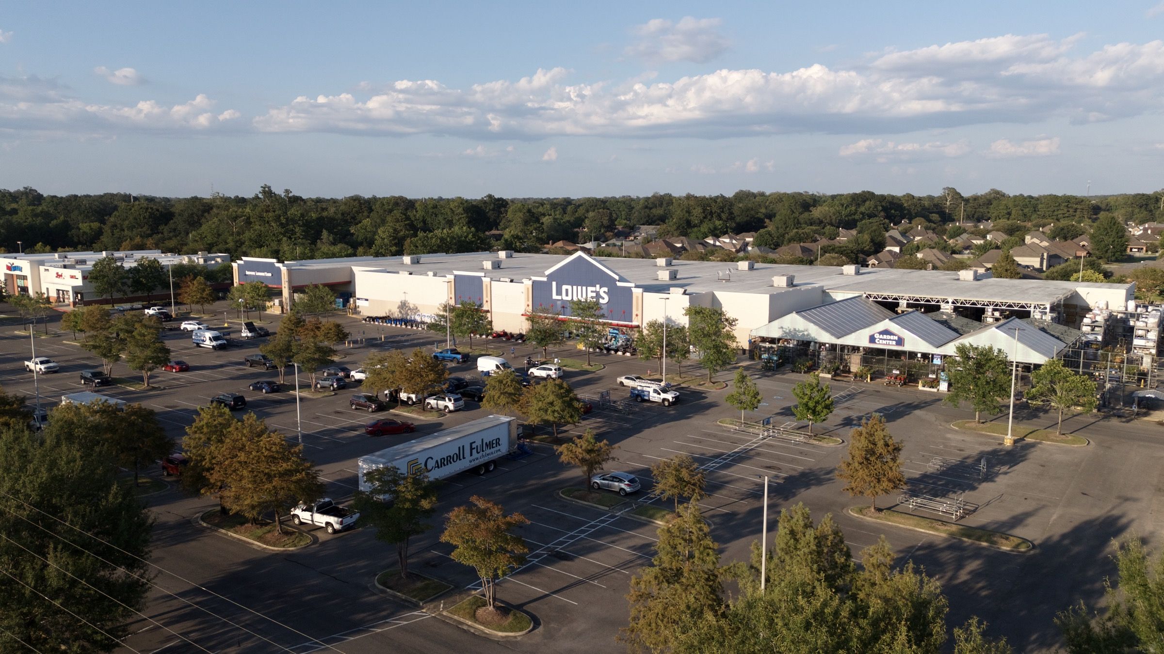 Lowe's, aerial view along the store frontage and lot islands
