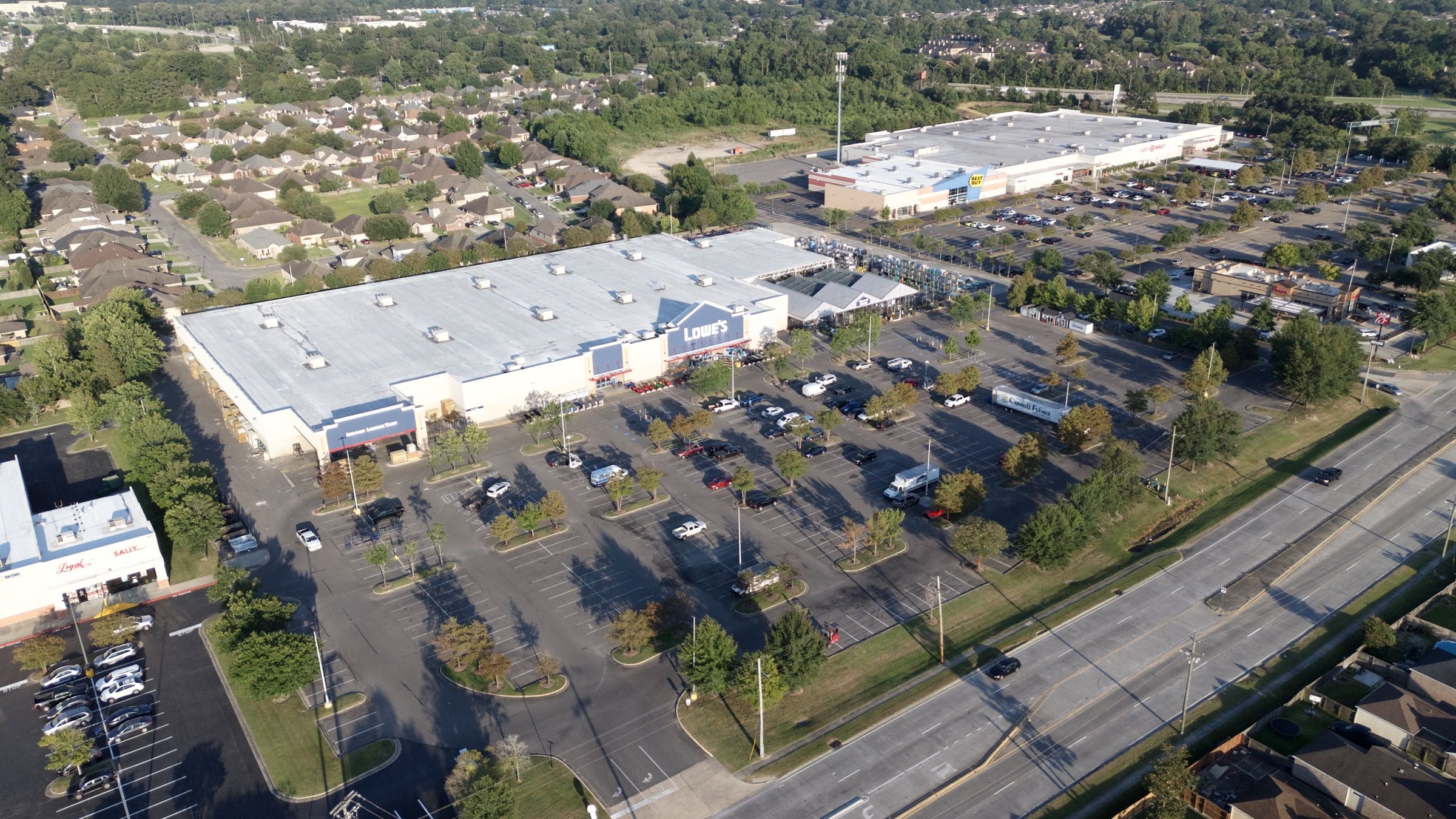 Lowe's, aerial view across the lot toward the highway frontage