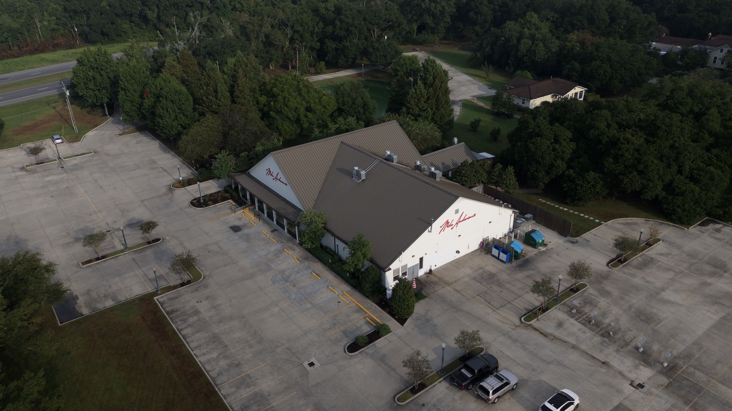 Mike Anderson's, aerial view of the building and landscaped approach