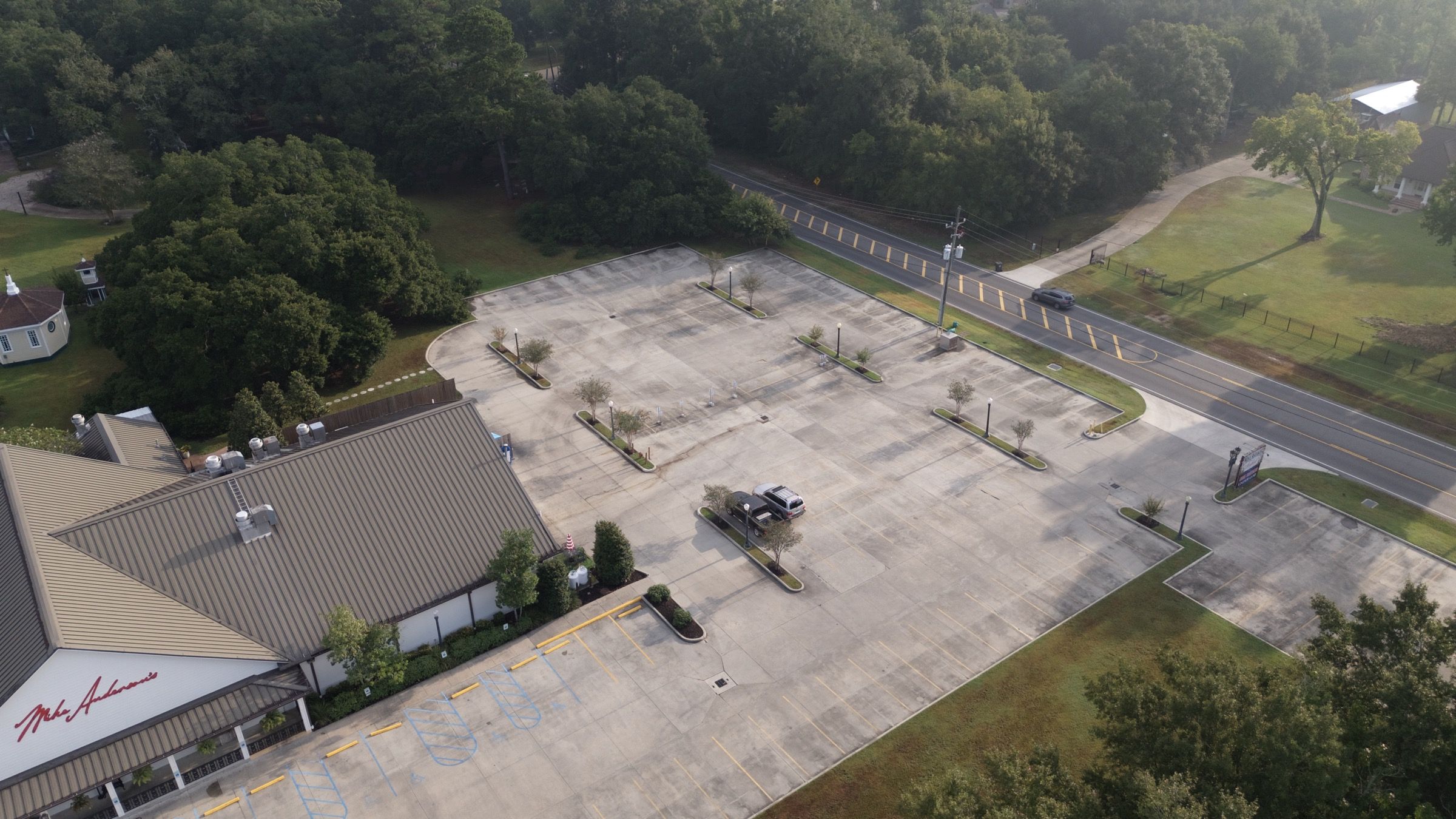 Mike Anderson's, aerial view across the lot toward the entrance beds