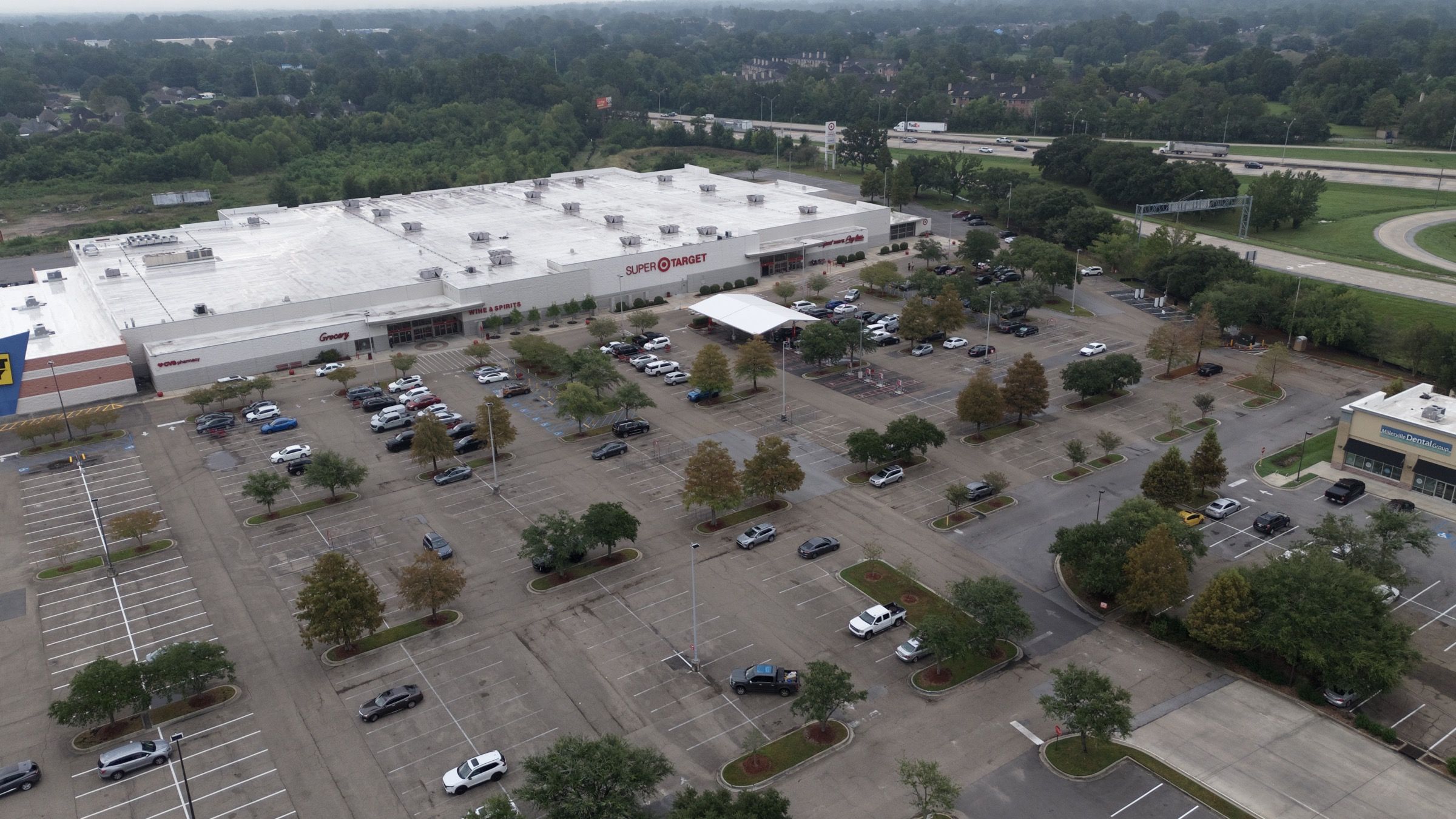 Target, aerial view of the storefront and parking lot tree islands