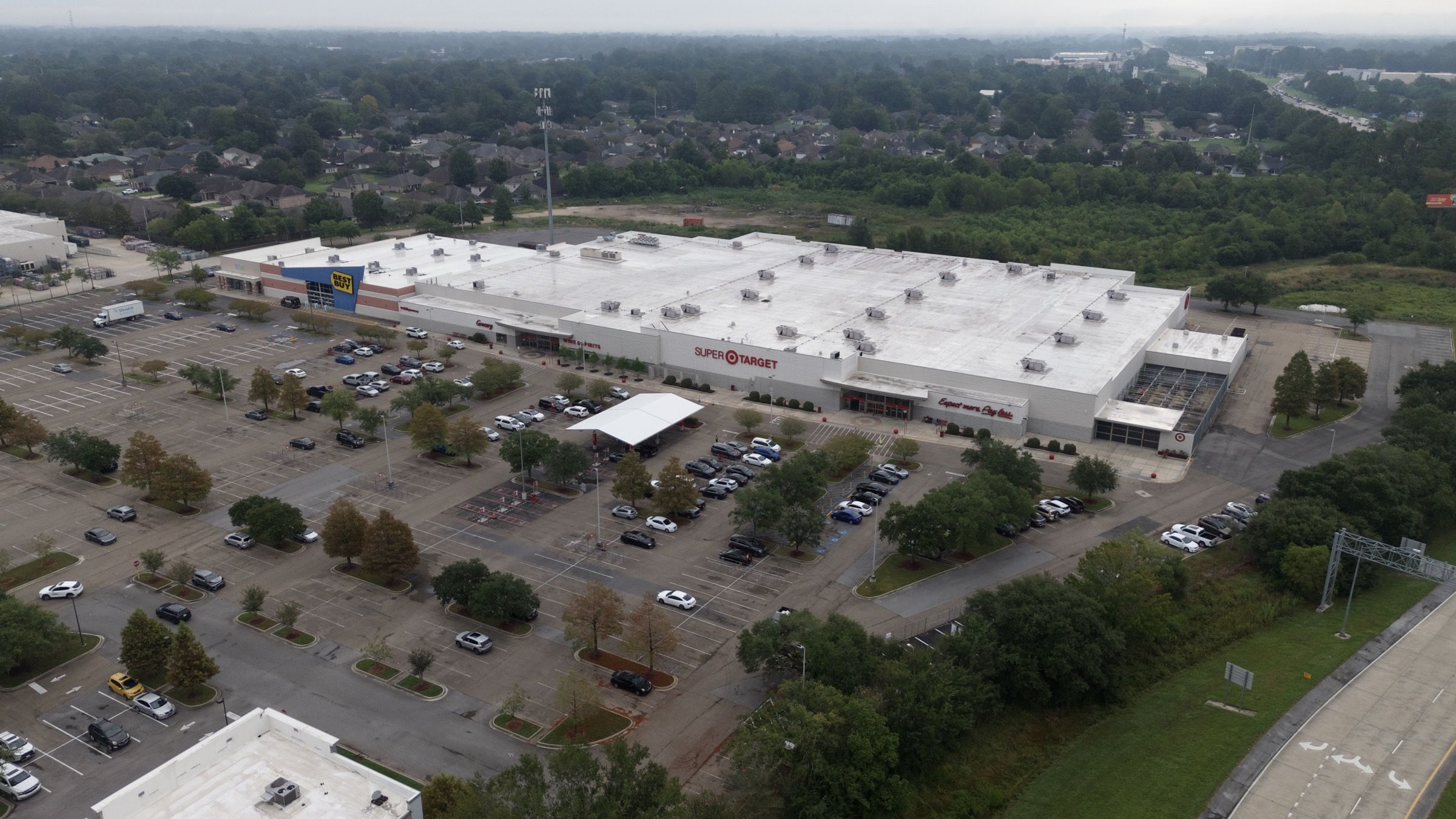 Target, aerial view across the lot toward the store frontage