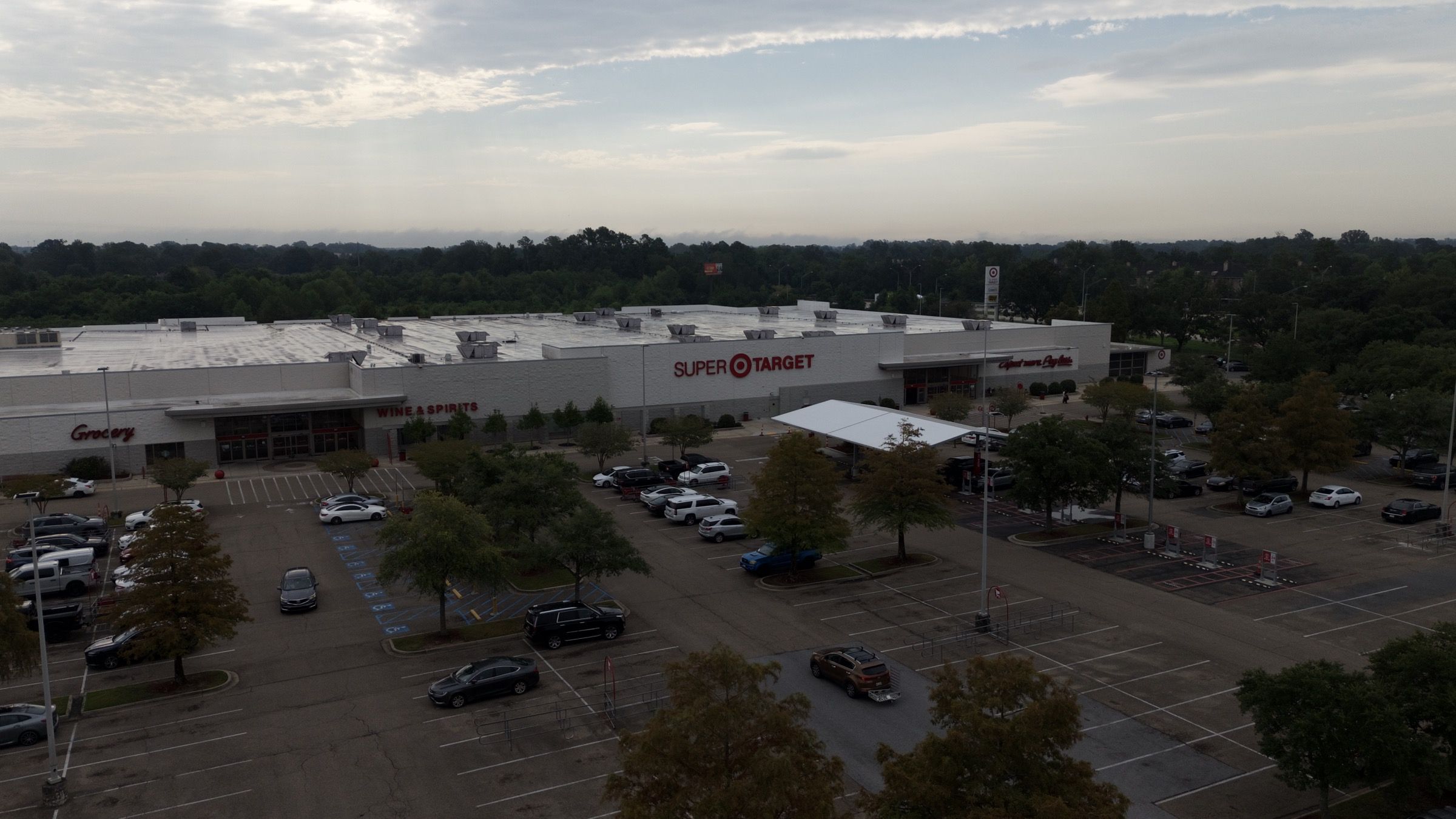 Target, aerial view of the site approach and perimeter planting