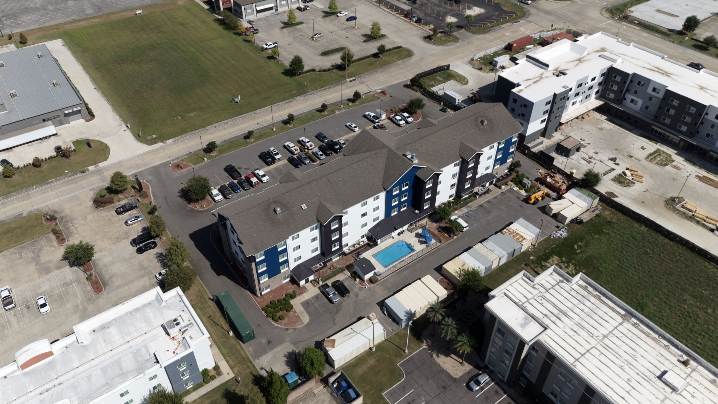 TownePlace Suites, aerial view across the lot toward the building